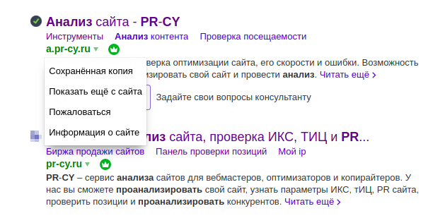 Знаки Яндекса в выдаче