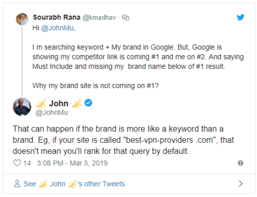 ​Google о проблемах ранжирования бренда компании